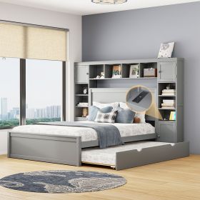 Queen Size Wooden Bed With All-in-One Cabinet, Shelf and Sockets,Twin XL Trundle, Gray