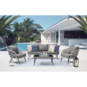 Manhattan Comfort Riviera Rope Wicker 4-Piece 5 Seater Patio Conversation Set with Cushions in Grey