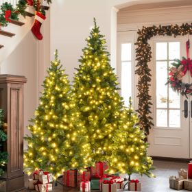 8FT, 6FT, 4FT Pre-Lit Green Pine Artificial Christmas Tree, Set of 3 Hinged Xmas Trees with 820 Warm-Yellow LED Lights and 2539 Branch Tips