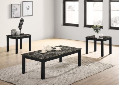 Contemporary Black Faux Marble Top 1x Coffee Table and 2x End Tables 3pc Coffee Table Set Living Room Furniture