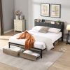 Queen Size Metal Platform Bed Frame with upholstery storage function Headboard and USB LINER and Footboard with drawers , No Box Spring Needed