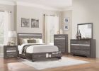 Queen Platform Bed with Footboard Drawers Upholstered Headboard, Gray and Silver Glitter, Contemporary Bedroom Furniture