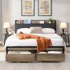 Queen Size Metal Platform Bed Frame with upholstery storage function Headboard and USB LINER and Footboard with drawers , No Box Spring Needed