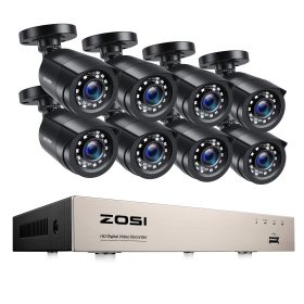 ZOSI 1080P 8CH TVI CCTV Video Surveillance Security Camera System Wired DVR Kit for Outdoor Indoor Home Waterproof Night Vision (Color: With 8 Black Cameras, Build-in HDD: nan)