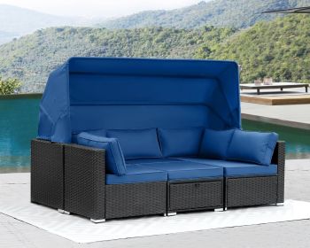 Rattan Furniture Daybed with Canopy 7 Pieces Outdoor Day Bed Wicker Sectional Sofa Set Patio Furniture Set with Adjustable (Color: 6 Pieces dark blue)