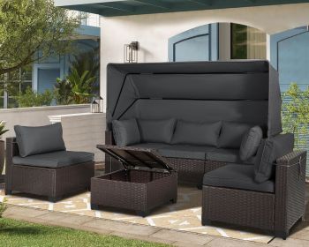 Rattan Furniture Daybed with Canopy 7 Pieces Outdoor Day Bed Wicker Sectional Sofa Set Patio Furniture Set with Adjustable (Color: 6 Pieces Grey)