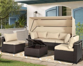 Rattan Furniture Daybed with Canopy 7 Pieces Outdoor Day Bed Wicker Sectional Sofa Set Patio Furniture Set with Adjustable (Color: 6 Pieces Khaki)