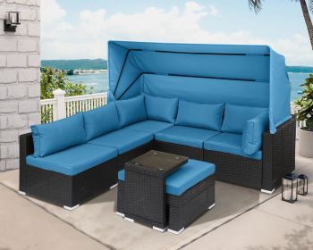 Rattan Furniture Daybed with Canopy 7 Pieces Outdoor Day Bed Wicker Sectional Sofa Set Patio Furniture Set with Adjustable (Color: 7 Pieces Blue)