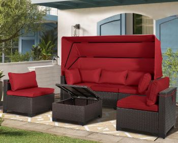 Rattan Furniture Daybed with Canopy 7 Pieces Outdoor Day Bed Wicker Sectional Sofa Set Patio Furniture Set with Adjustable (Color: 6 Pieces Red)