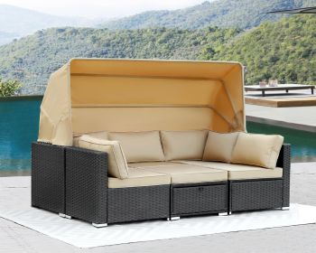 Rattan Furniture Daybed with Canopy 7 Pieces Outdoor Day Bed Wicker Sectional Sofa Set Patio Furniture Set with Adjustable (Color: 6 Pieces Drak Khaki)