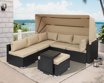 Rattan Furniture Daybed with Canopy 7 Pieces Outdoor Day Bed Wicker Sectional Sofa Set Patio Furniture Set with Adjustable (Color: 7 Pieces Khaki)