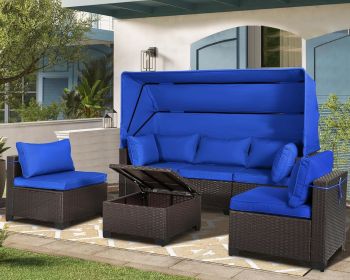 Rattan Furniture Daybed with Canopy 7 Pieces Outdoor Day Bed Wicker Sectional Sofa Set Patio Furniture Set with Adjustable (Color: 6 Pieces Blue)