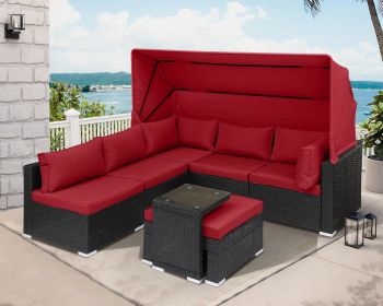 Rattan Furniture Daybed with Canopy 7 Pieces Outdoor Day Bed Wicker Sectional Sofa Set Patio Furniture Set with Adjustable (Color: 7 Pieces Red)