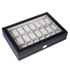 US 24/12Slot Watch Box Leather Display Case Top Glass Storage Watch Case Jewelry Display Storage Top Glass Storage (Color: Black)