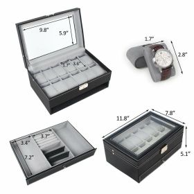 US 24/12Slot Watch Box Leather Display Case Top Glass Storage Watch Case Jewelry Display Storage Top Glass Storage (Color: Green)