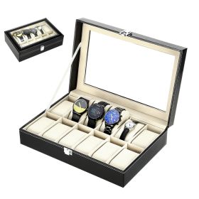 US 24/12Slot Watch Box Leather Display Case Top Glass Storage Watch Case Jewelry Display Storage Top Glass Storage (Color: Yellow)