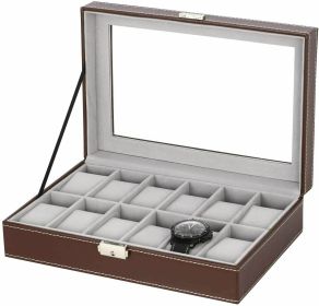 US 24/12Slot Watch Box Leather Display Case Top Glass Storage Watch Case Jewelry Display Storage Top Glass Storage (Color: Red)