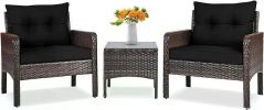 Tangkula 3 Piece Wicker Chairs with Glass Top Coffee Table, Thick Cushions, All Weather Garden Lawn Poolside Backyard Porch