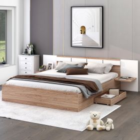 Queen Size Platform Bed with Headboard, Drawers, Shelves, USB Ports and Sockets (Color: Natural)