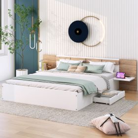 Queen Size Platform Bed with Headboard, Drawers, Shelves, USB Ports and Sockets (Color: White)