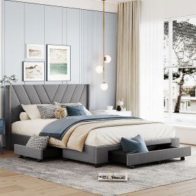 Queen Size Storage Bed Linen Upholstered Platform Bed with 3 Drawers (Color: Gray)