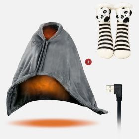 Keep warm in winter .59 Plus 31in USB Heated Blanket Electric Heated Blanket Heated Poncho Shawl Wrap Throw with Zipper Washable for Home Office (gray: Single blanket + Panda heated socks)