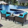 Tangkula 3 Piece Wicker Chairs with Glass Top Coffee Table, Thick Cushions, All Weather Garden Lawn Poolside Backyard Porch