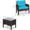 Tangkula 3 Piece Wicker Chairs with Glass Top Coffee Table, Thick Cushions, All Weather Garden Lawn Poolside Backyard Porch