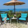 Tangkula 3 Piece Wicker Chairs with Glass Top Coffee Table, Thick Cushions, All Weather Garden Lawn Poolside Backyard Porch