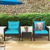 Tangkula 3 Piece Wicker Chairs with Glass Top Coffee Table, Thick Cushions, All Weather Garden Lawn Poolside Backyard Porch