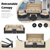 Rattan Furniture Daybed with Canopy 7 Pieces Outdoor Day Bed Wicker Sectional Sofa Set Patio Furniture Set with Adjustable