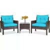 Tangkula 3 Piece Wicker Chairs with Glass Top Coffee Table, Thick Cushions, All Weather Garden Lawn Poolside Backyard Porch